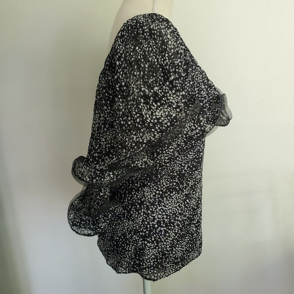 Badgley Mischka Navy Flouncy Mesh Ruffle Sequin Pleated Silk Top - Picture 7 of 11